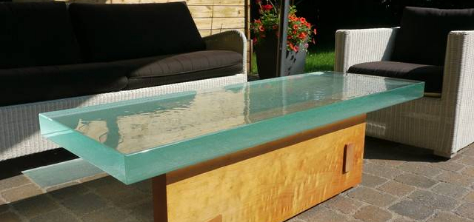 Garden clear glass table top with  wooden base