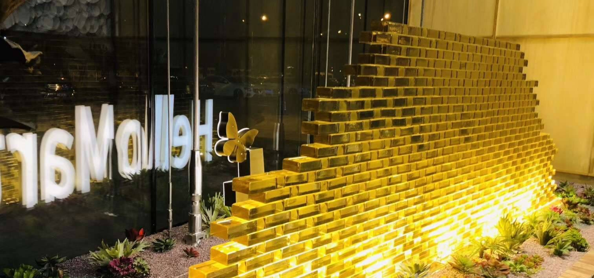 Yellow clear solid glass blocks with lighting